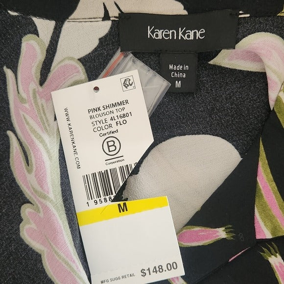 Karen Kane Black and Pink Floral Print Blouse Size Medium NWT