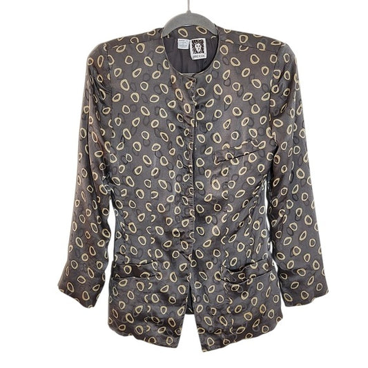 Anne Klein Vintage Gray and Cream Print Collarless Blazer Size 4