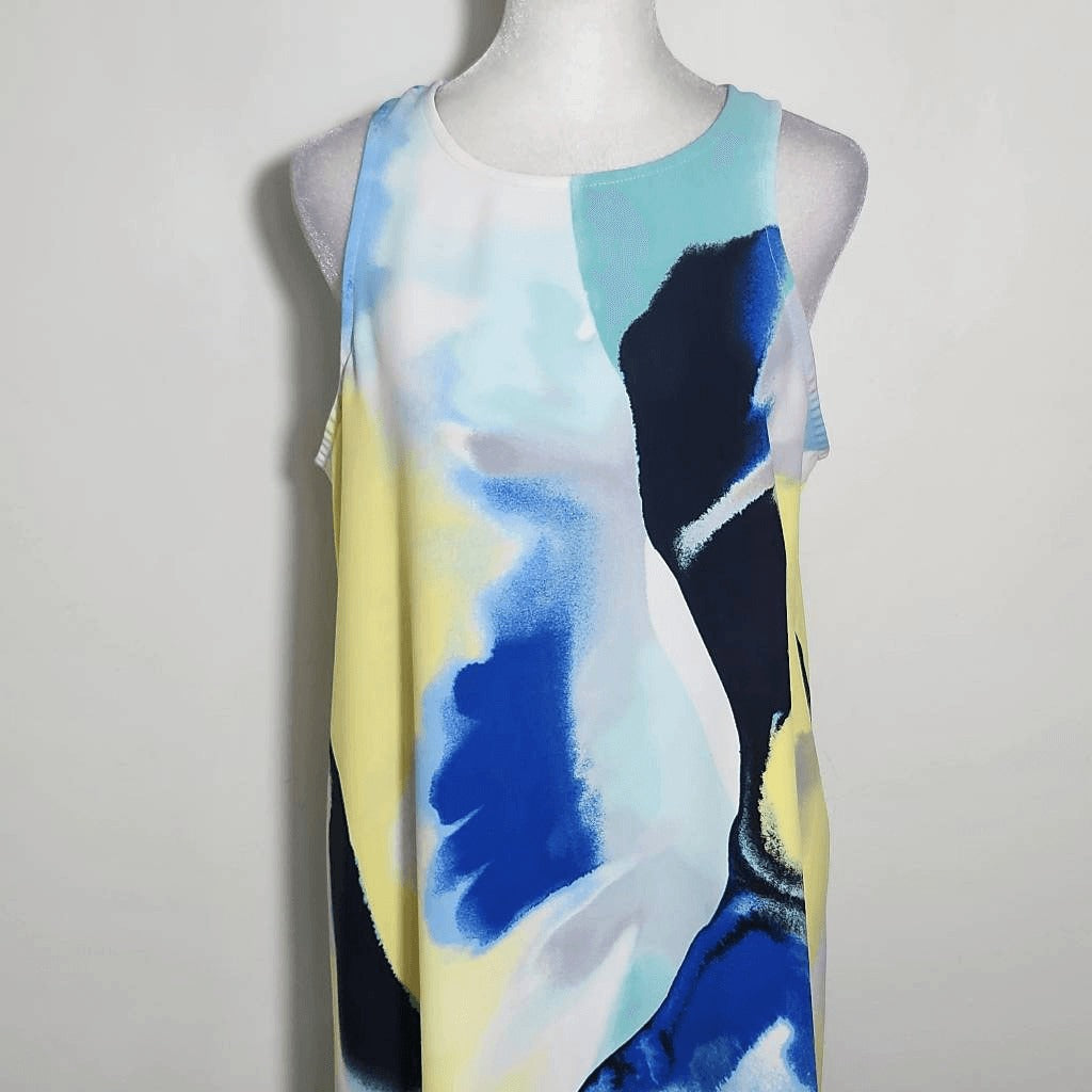 Alfani Blue and Yellow Sleeveless Shift Dress Size 8 Alfani Wedding Guest Dress
