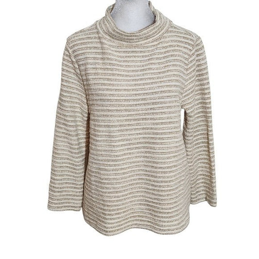 Ann Taylor Tan and Cream Striped Knit Top Size Medium Textured Mock Neck Top