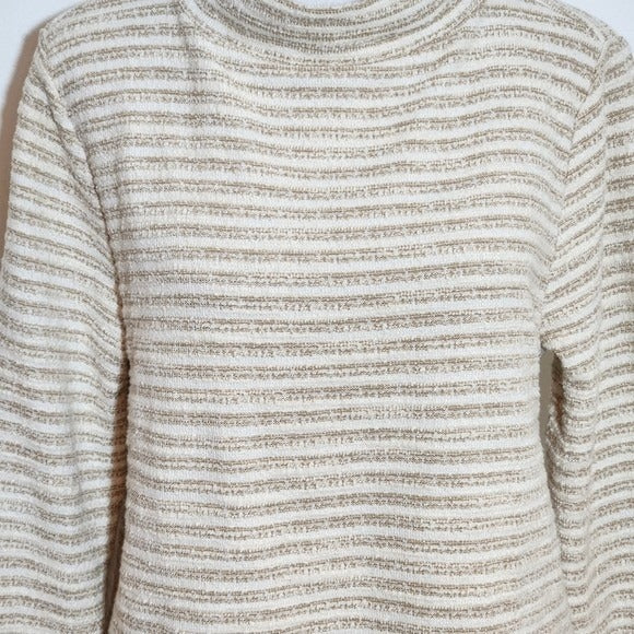 Ann Taylor Tan and Cream Striped Knit Top Size Medium Textured Mock Neck Top