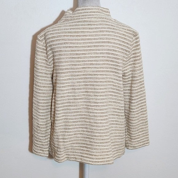 Ann Taylor Tan and Cream Striped Knit Top Size Medium Textured Mock Neck Top
