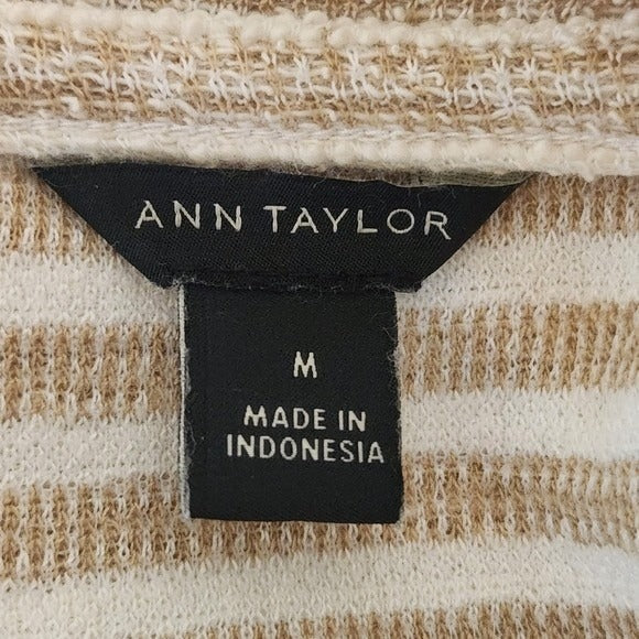 Ann Taylor Tan and Cream Striped Knit Top Size Medium Textured Mock Neck Top