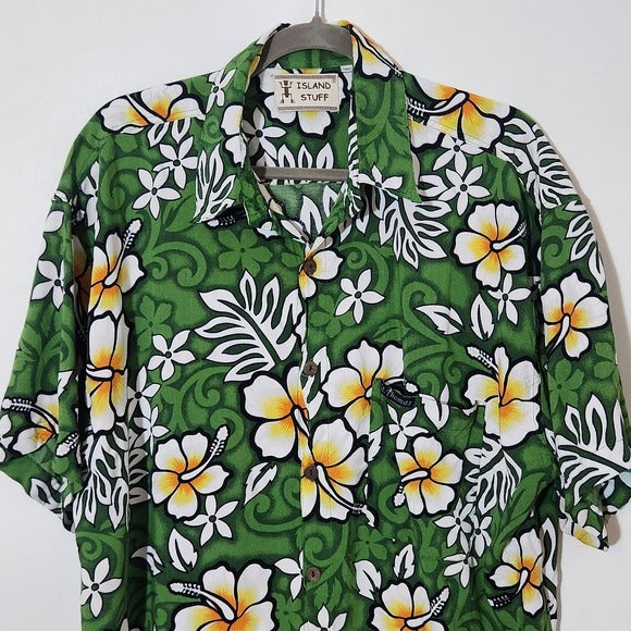 Island Stuff Green Floral Hawaiian Shirt Size XL Men's Green Hawaiian Shirt