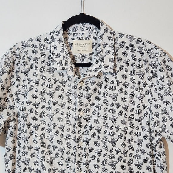 Primark Men’s White Short Sleeve Day of the Dead Print Shirt Size Large