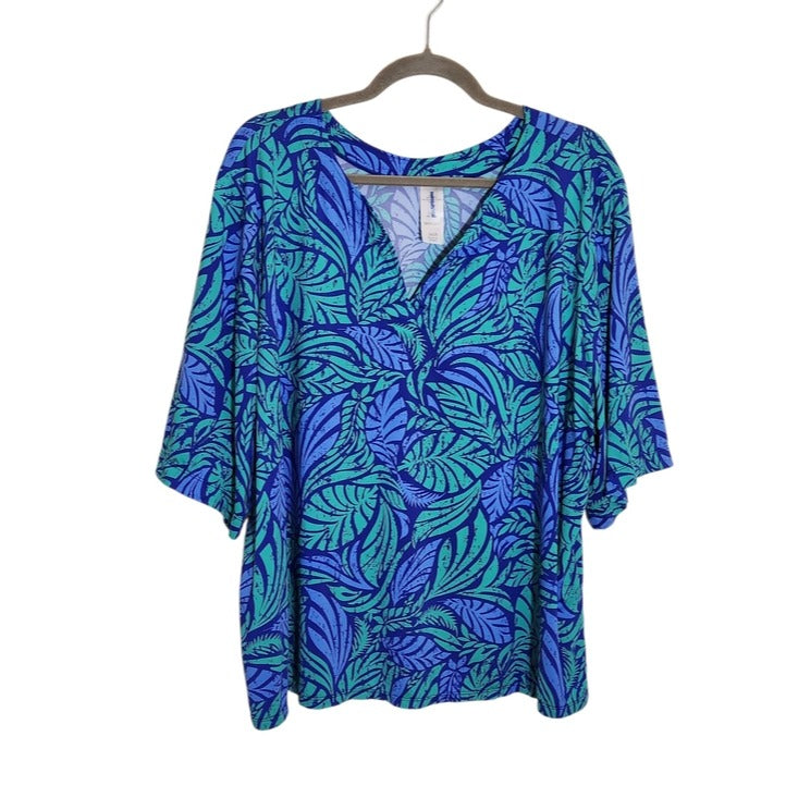 Swimsuits For All Purple and Green Tropical Leaf Print Swim Top Size 26/28