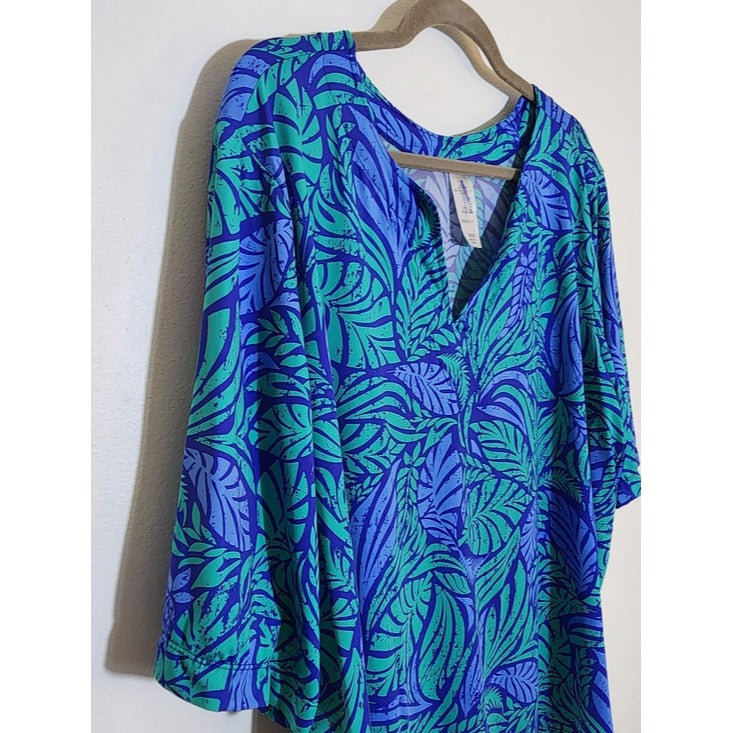 Swimsuits For All Purple and Green Tropical Leaf Print Swim Top Size 26/28