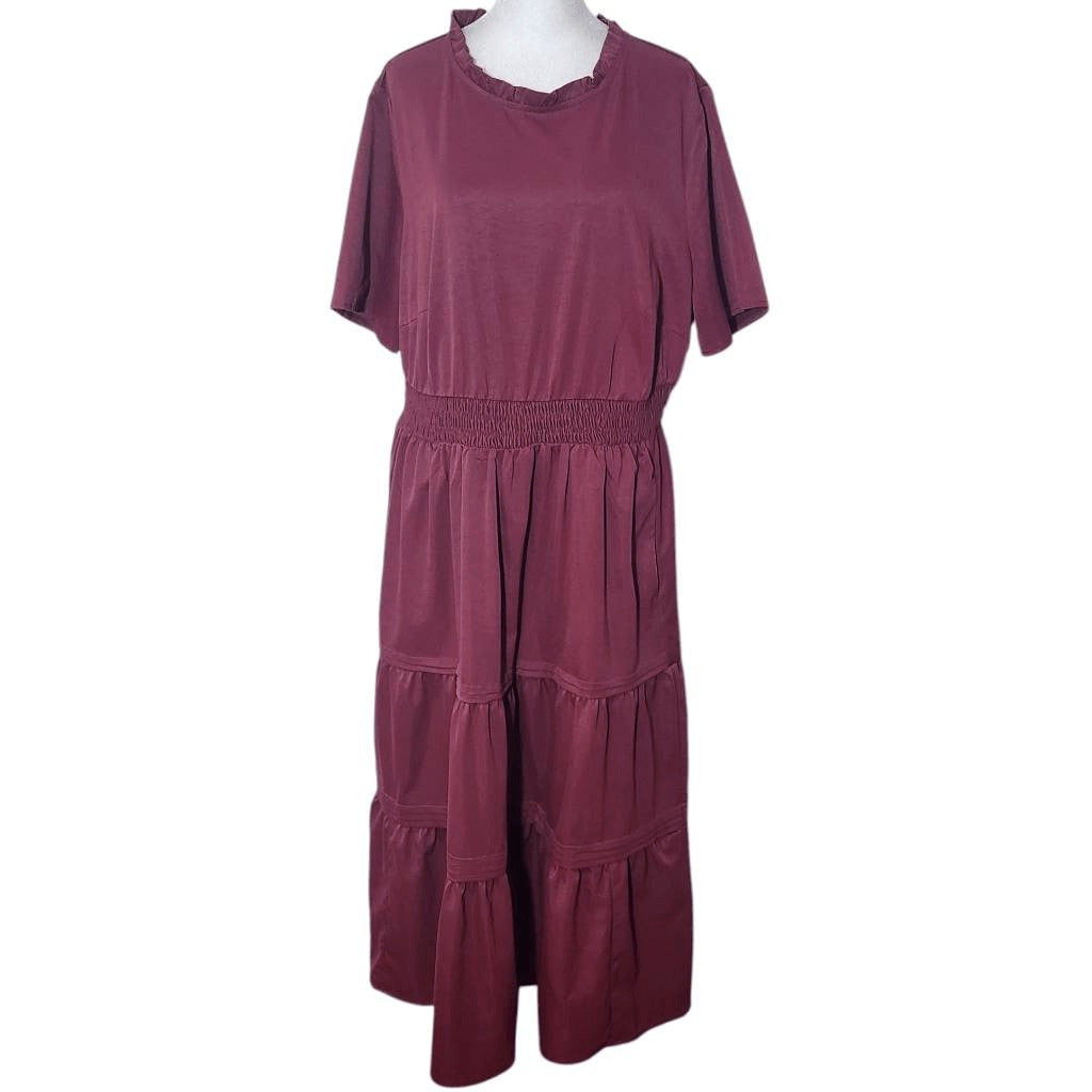 Bloomchic Oxblood Tiered Midi Dress Size 14/16 Burgundy Wedding Guest Dress