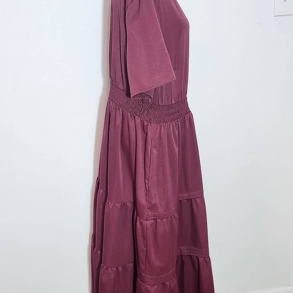 Bloomchic Oxblood Tiered Midi Dress Size 14/16 Burgundy Wedding Guest Dress