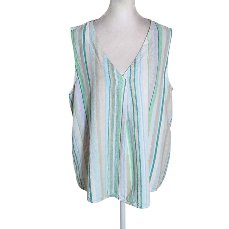 Time and Tru Pastel Green Multicolor Stripe Linen Blend Sleeveless Top Sz Large