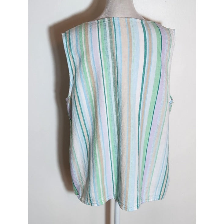 Time and Tru Pastel Green Multicolor Stripe Linen Blend Sleeveless Top Sz Large