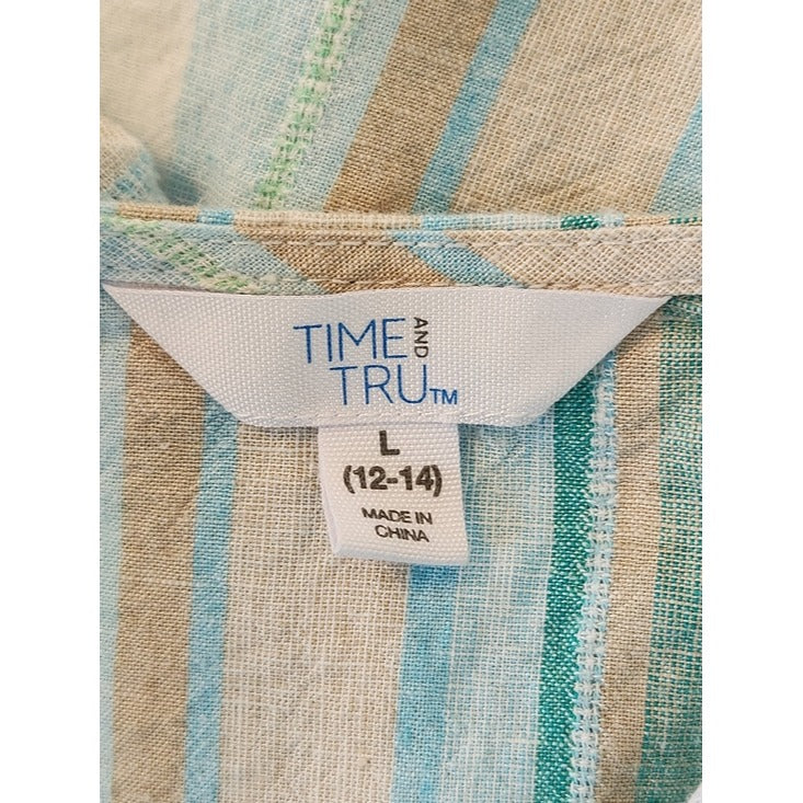 Time and Tru Pastel Green Multicolor Stripe Linen Blend Sleeveless Top Sz Large