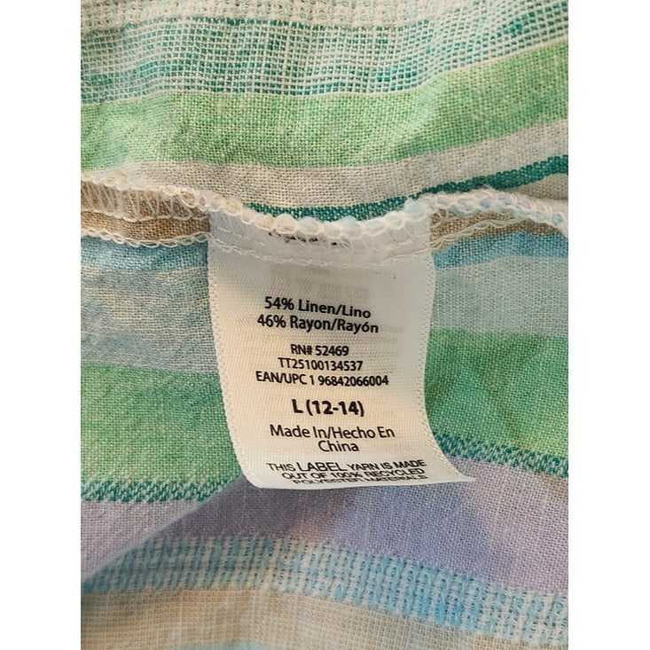 Time and Tru Pastel Green Multicolor Stripe Linen Blend Sleeveless Top Sz Large