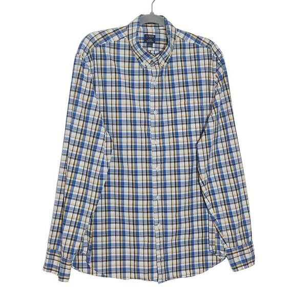 J. Crew Yellow and Blue Plaid Button Down Shirt Size Large Preppy Plaid Shirt