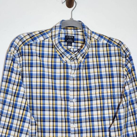 J. Crew Yellow and Blue Plaid Button Down Shirt Size Large Preppy Plaid Shirt