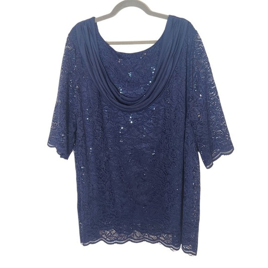 Catherines Navy Formal Lace Top With Sequin Detail Size 30W NWT