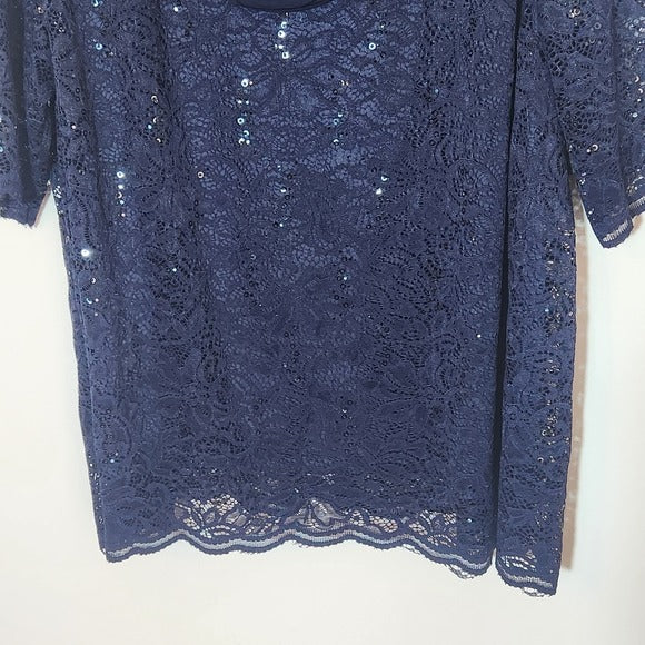 Catherines Navy Formal Lace Top With Sequin Detail Size 30W NWT