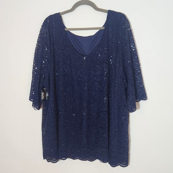 Catherines Navy Formal Lace Top With Sequin Detail Size 30W NWT