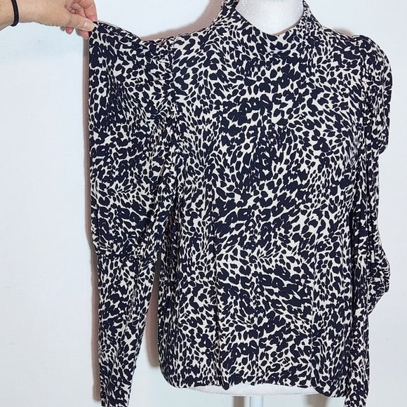 Zara Black and Cream Leopard Print Top with Mock Neck Style Size Medium