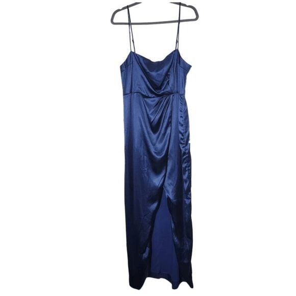 Lulus Navy Blue Satin Pleated Tulip Maxi Dress NWOT Size XL Wedding Guest Dress