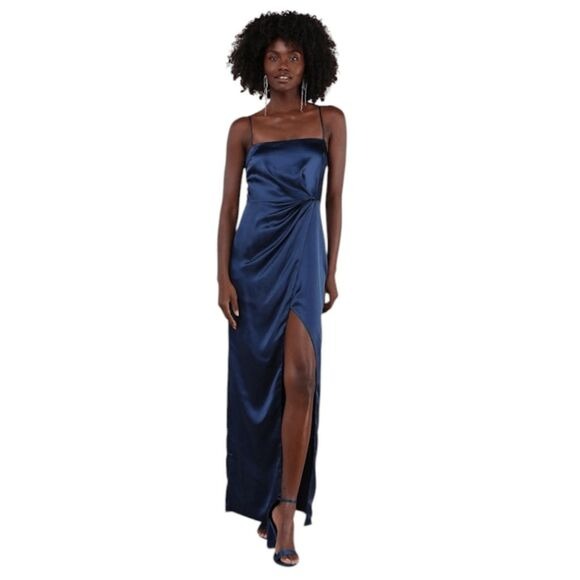 Lulus Navy Blue Satin Pleated Tulip Maxi Dress NWOT Size XL Wedding Guest Dress