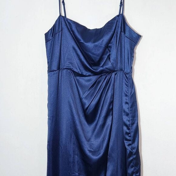 Lulus Navy Blue Satin Pleated Tulip Maxi Dress NWOT Size XL Wedding Guest Dress