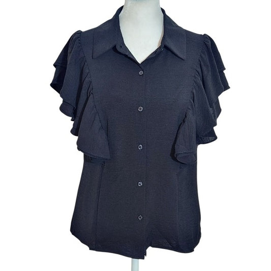 Timing Black Button-Up Blouse with Ruffle Sleeves Size Medium Ruffle Sleeve Top