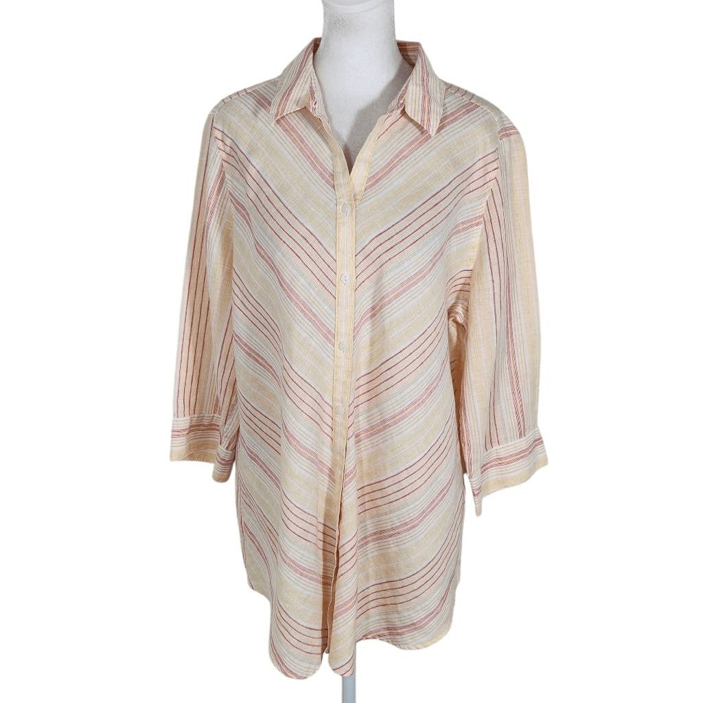 Chico's Yellow and Red Stripe Linen Button-Down Blouse Size Large