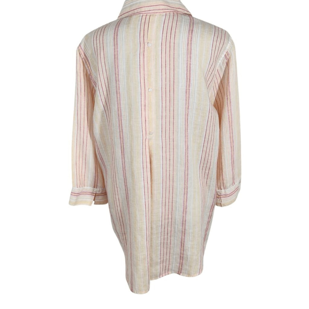 Chico's Yellow and Red Stripe Linen Button-Down Blouse Size Large