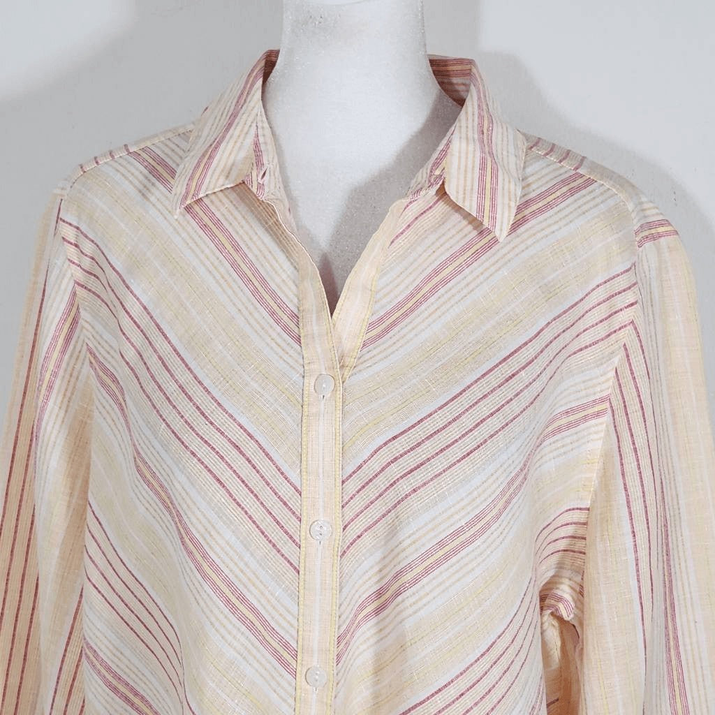 Chico's Yellow and Red Stripe Linen Button-Down Blouse Size Large