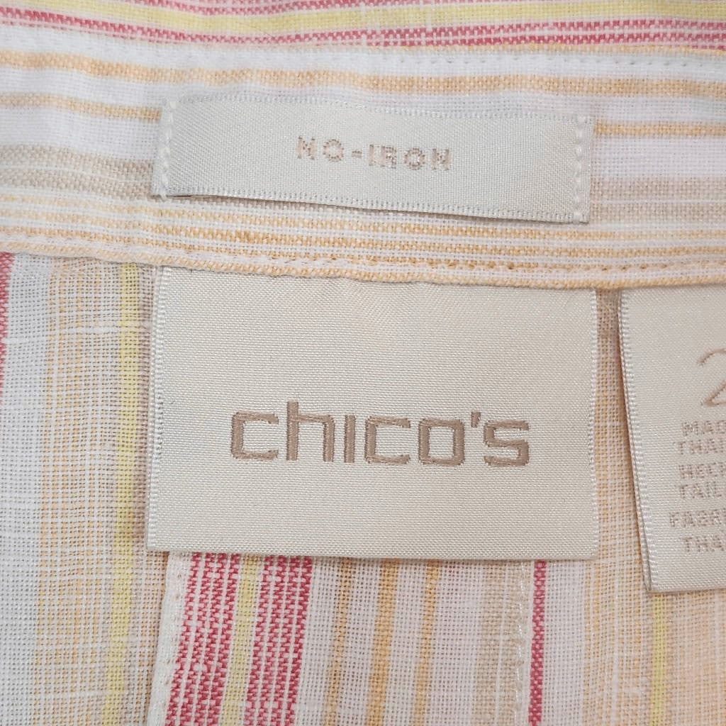 Chico's Yellow and Red Stripe Linen Button-Down Blouse Size Large