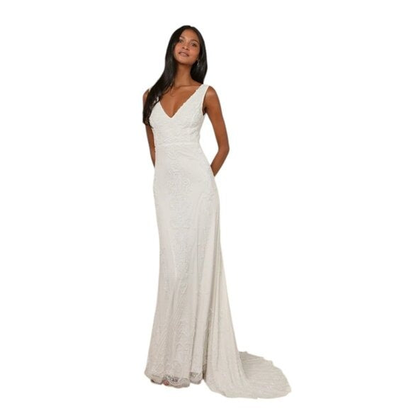 Lulus White Mermaid Beaded Wedding Dress NWT Size Small Sequined Wedding Gown