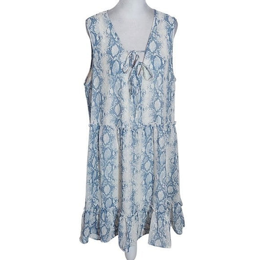 A Beautiful Soul Blue and White Sleeveless Tiered Dress Sz Large Snakeskin Print