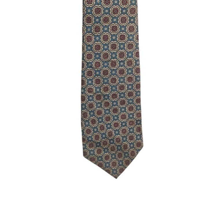 Oscar de la Renta Couture Teal Burgundy and Tan Geometric Print Silk Tie