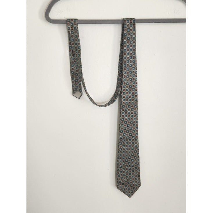 Oscar de la Renta Couture Teal Burgundy and Tan Geometric Print Silk Tie