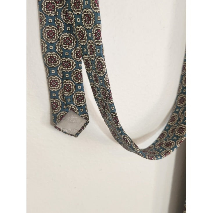 Oscar de la Renta Couture Teal Burgundy and Tan Geometric Print Silk Tie