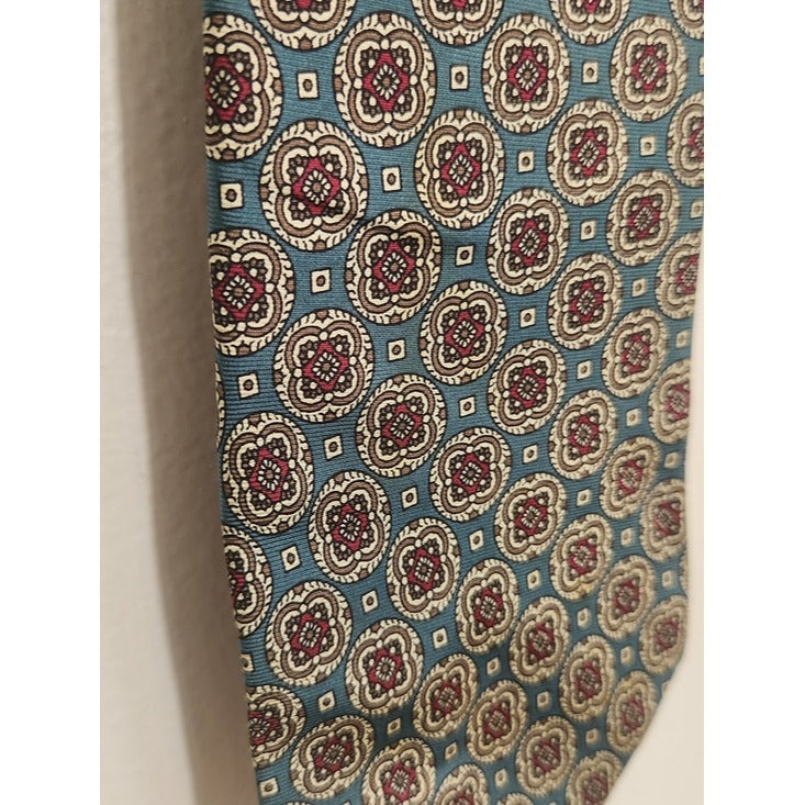 Oscar de la Renta Couture Teal Burgundy and Tan Geometric Print Silk Tie
