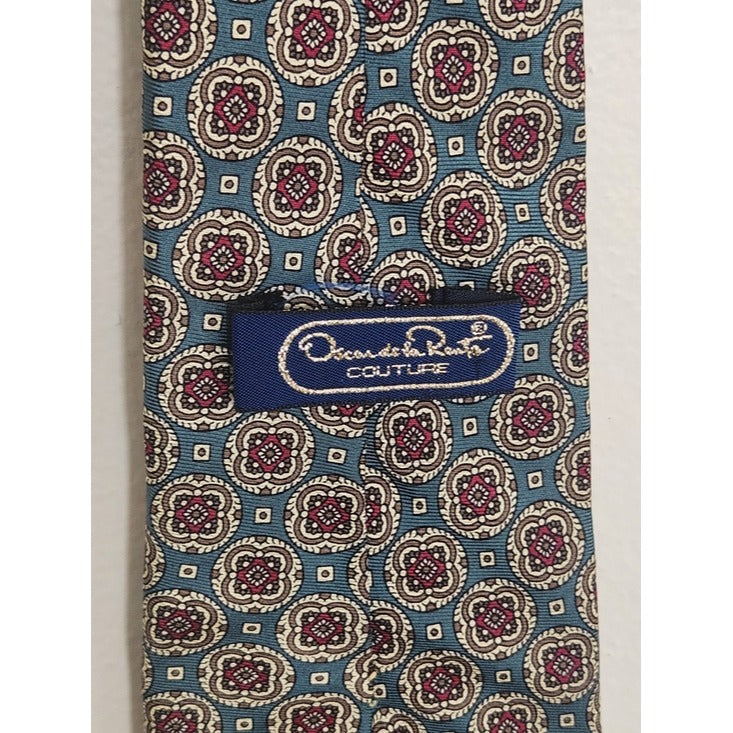 Oscar de la Renta Couture Teal Burgundy and Tan Geometric Print Silk Tie