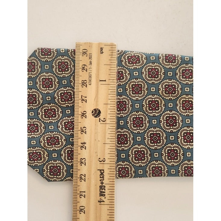 Oscar de la Renta Couture Teal Burgundy and Tan Geometric Print Silk Tie