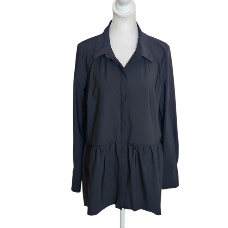 Lysse Lagenlook Black Button-up Blouse with Ruffle Hem Size Medium