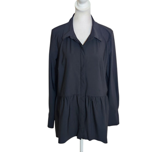 Lysse Lagenlook Black Button-up Blouse with Ruffle Hem Size Medium