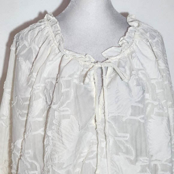 Peach Cream Cropped Sheer Blouse with Full Sleeves Size XL Cream Boho Top
