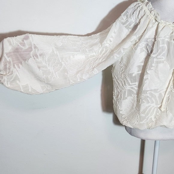 Peach Cream Cropped Sheer Blouse with Full Sleeves Size XL Cream Boho Top