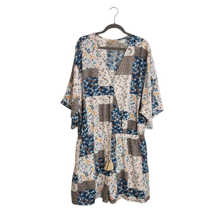 GiGio Blue and Pink Patchwork Boho Short Romper Size 1XL Boho Romper