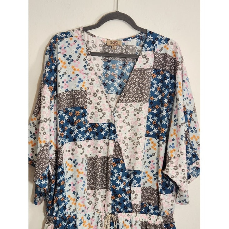 GiGio Blue and Pink Patchwork Boho Short Romper Size 1XL Boho Romper