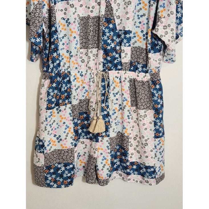 GiGio Blue and Pink Patchwork Boho Short Romper Size 1XL Boho Romper