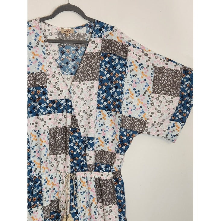 GiGio Blue and Pink Patchwork Boho Short Romper Size 1XL Boho Romper