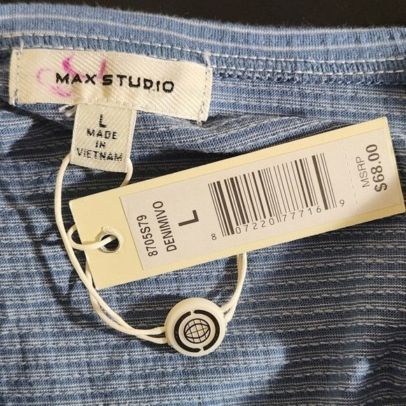Max Studio Blue Striped Short Sleeve Tee NWT Suze Large Blue and White Top