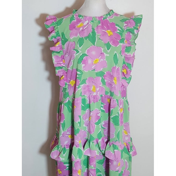 Staccato Green and Pink Floral Ruffle Mini Dress Size Medium Wedding Guest Dress