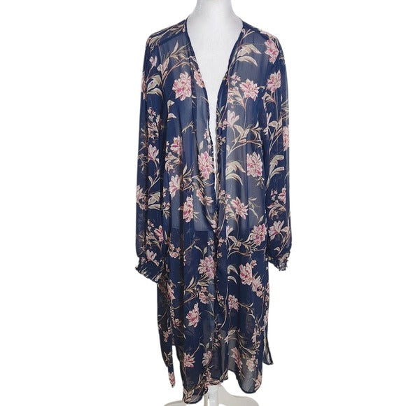 Maurices Navy and Pink Floral Boho Kimono with Metallic Threads Size 2X